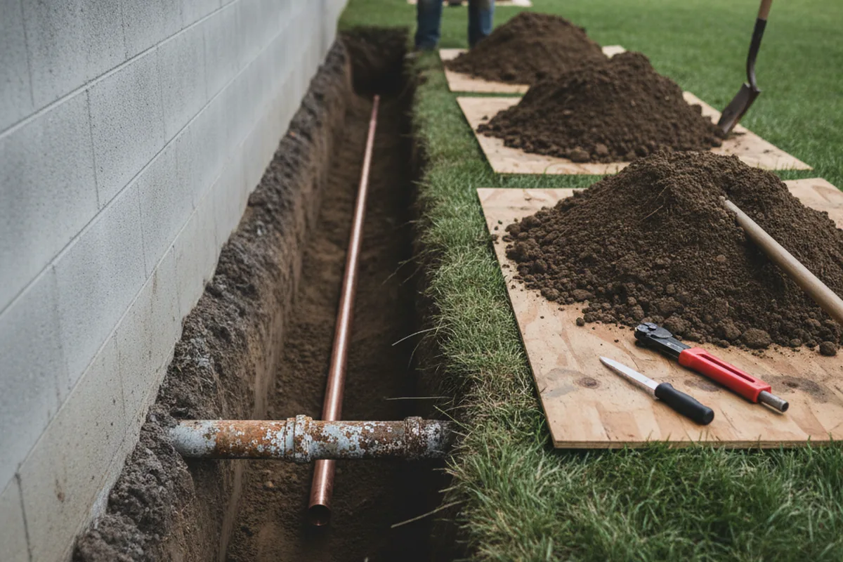 Excavated water line trench during Water Heater Repair in South Lyme